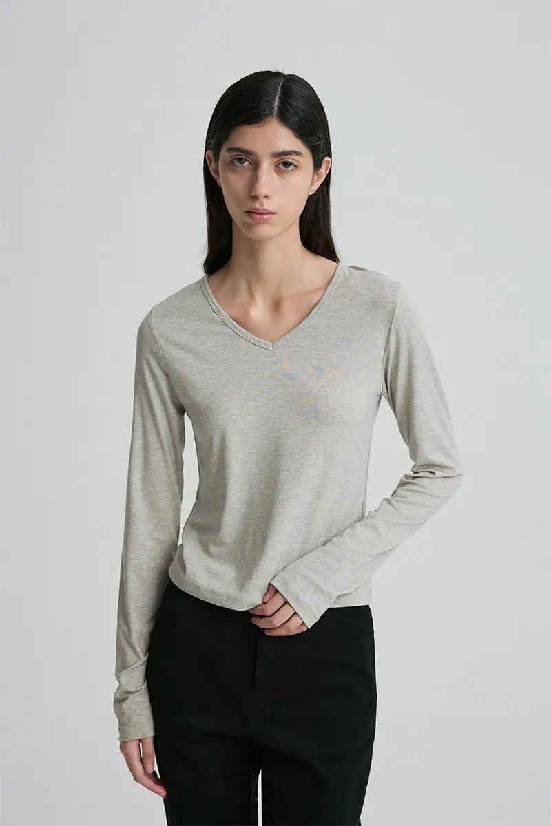 Deep V-Neck Long-Sleeve Top Melange Gray
