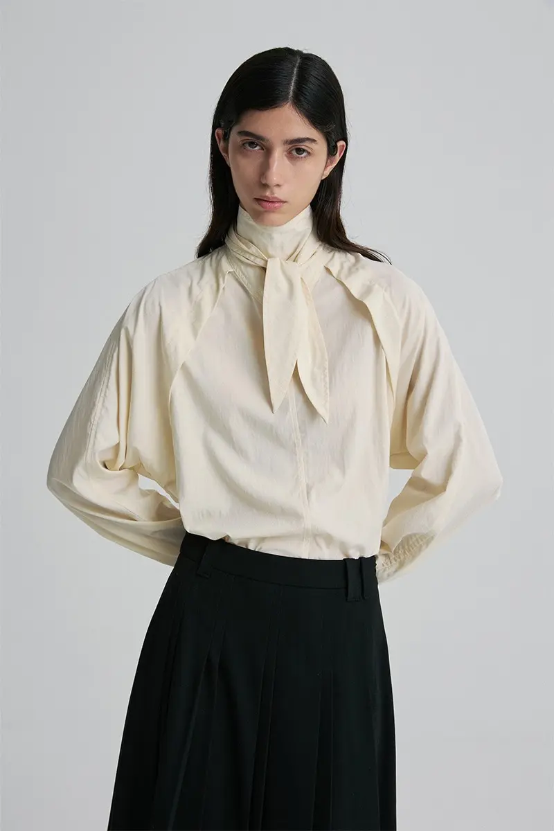 Flap Detail Tie-Neck Blouse Cream
