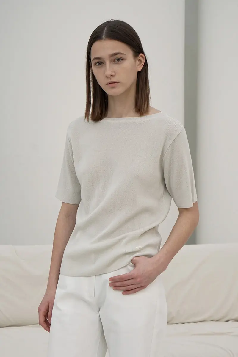 2color Boat Neck Short Sleeved Knit Top Sv