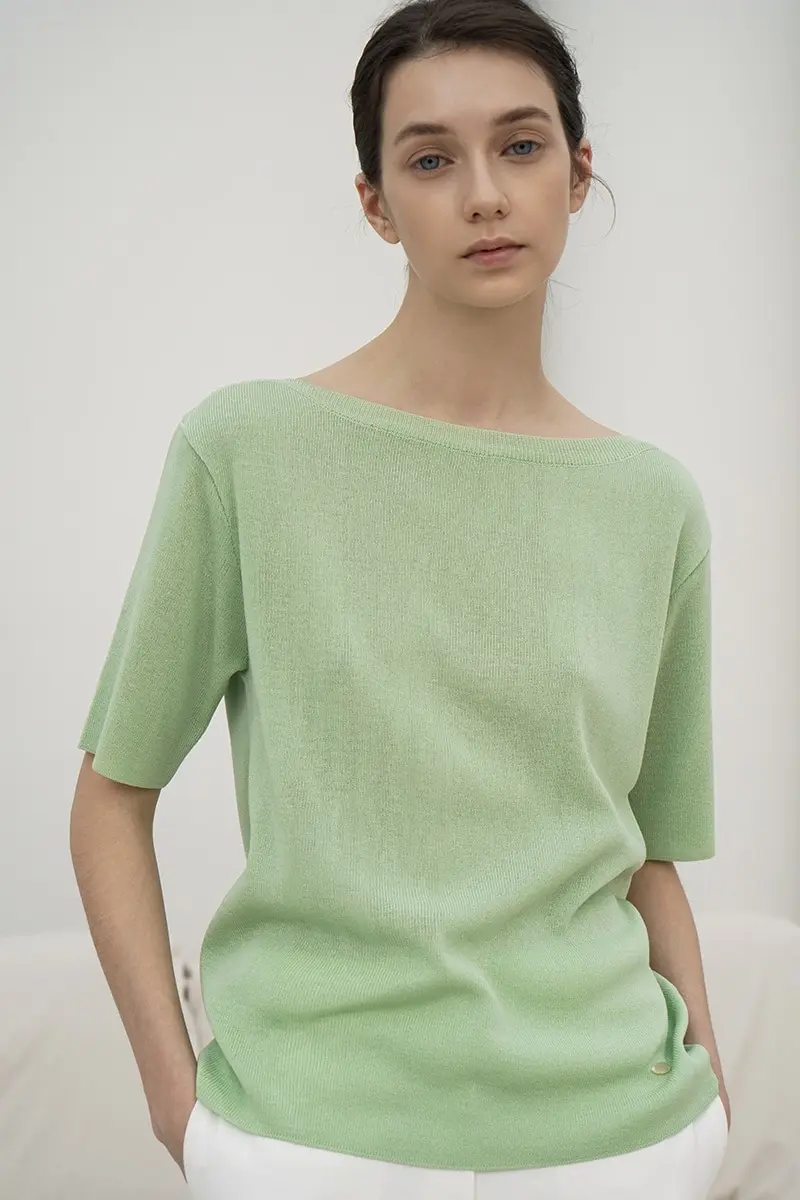 2color Boat Neck Short Sleeved Knit Top Lg