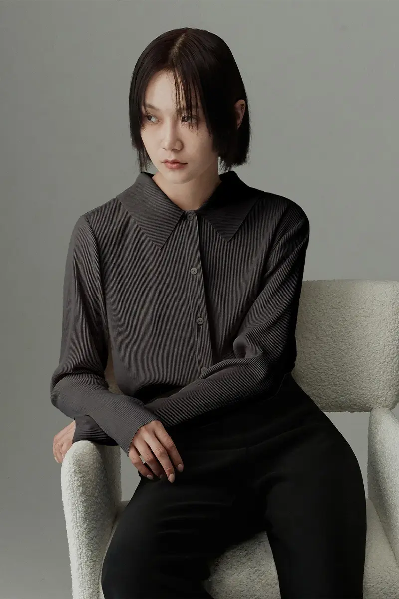 Wide Collar Pleated Blouse Dark Gray