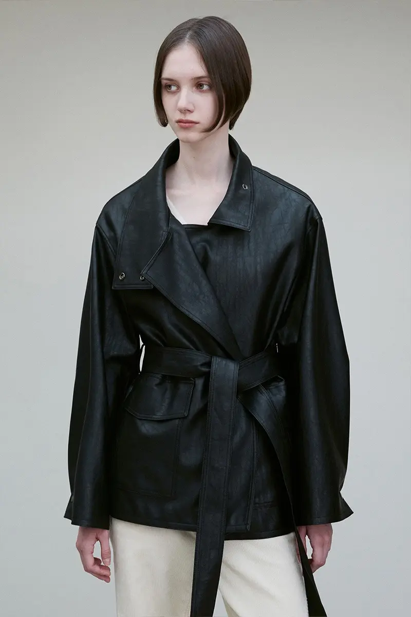 Funnel Neck Tie Waist Vegan Leather Jacket Black