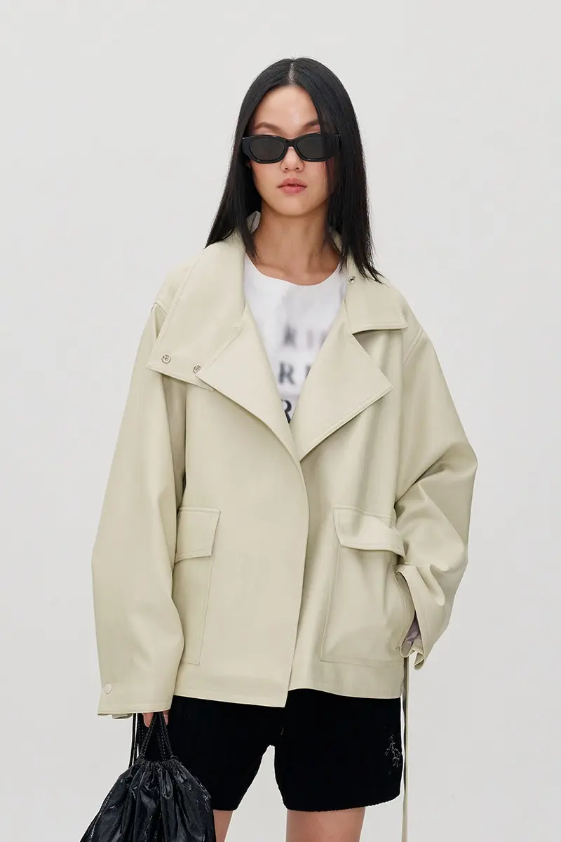 Funnel Neck Tie Waist Vegan Leather Jacket Vanilla