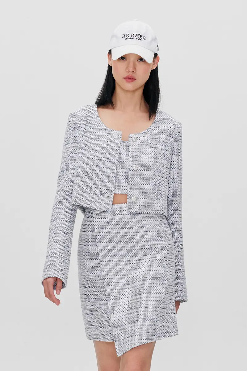 Single Breasted Cropped Tweed Jacket
