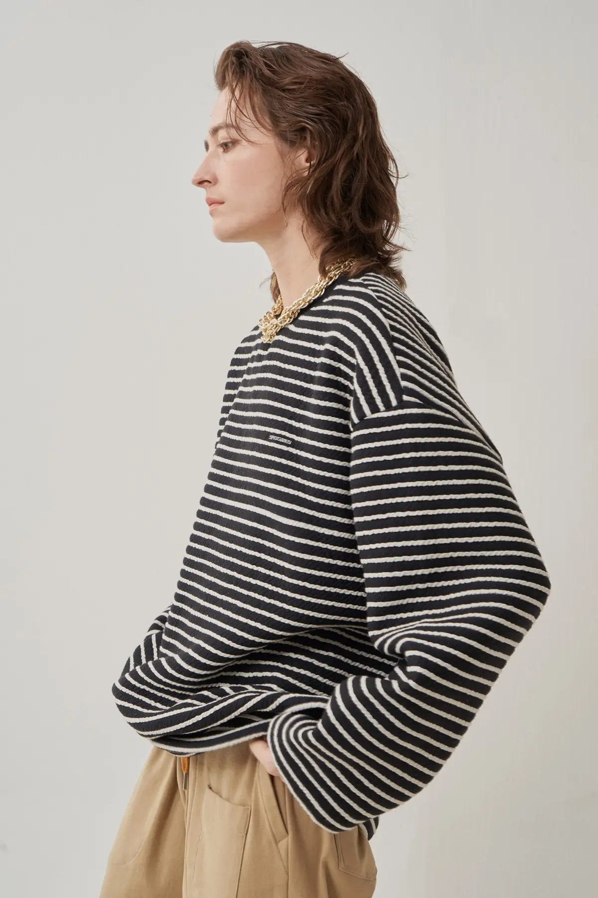 Striped Ribbed Slit Sweatshirt