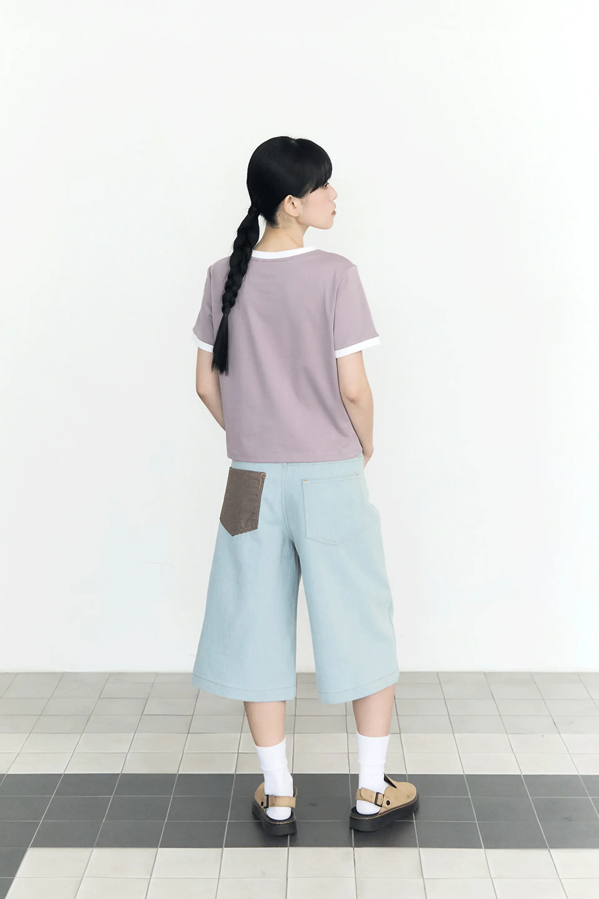 Check Pocket Straight Capri Pants (Light Blue)