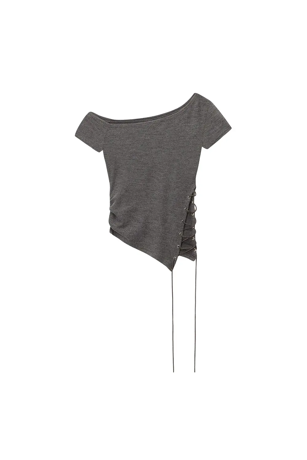 [Runway] Lace-up Off shoulder Short-sleeve Top (Charcoal)