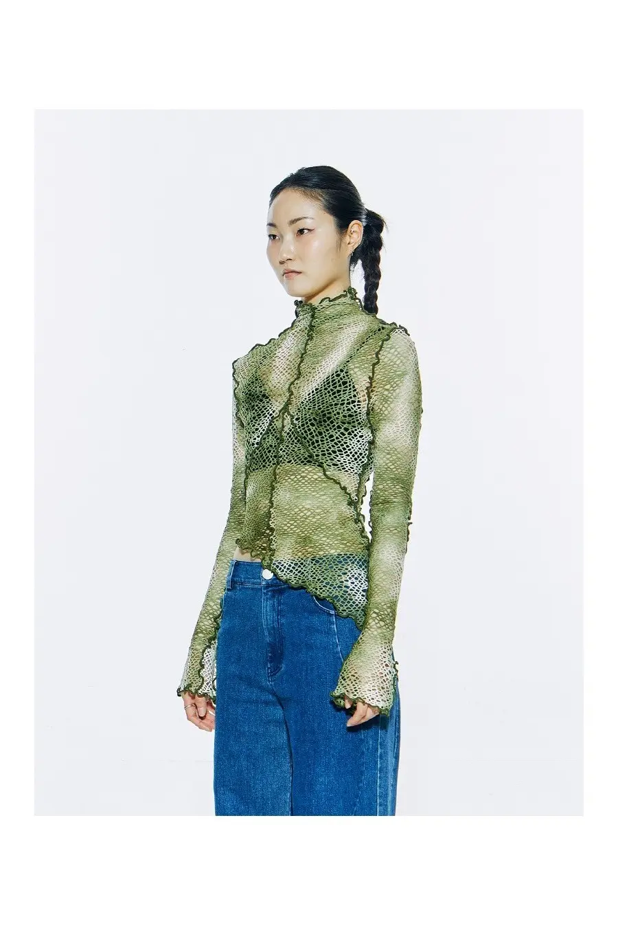 Interlock Mock Neck Net Top Green