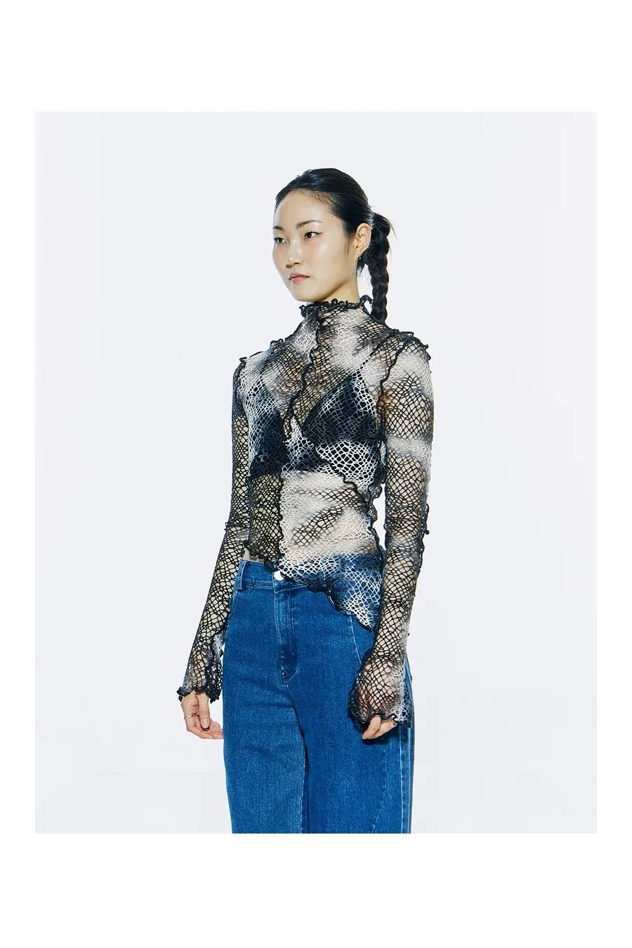 Interlock Mock Neck Net Top Black