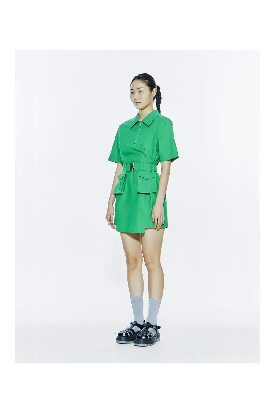 Cotton Shirt Mini Dress Green