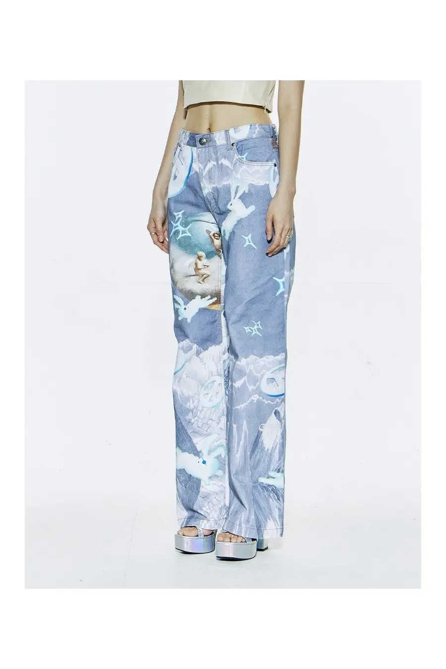 Printed Straight Pants Blue Gray
