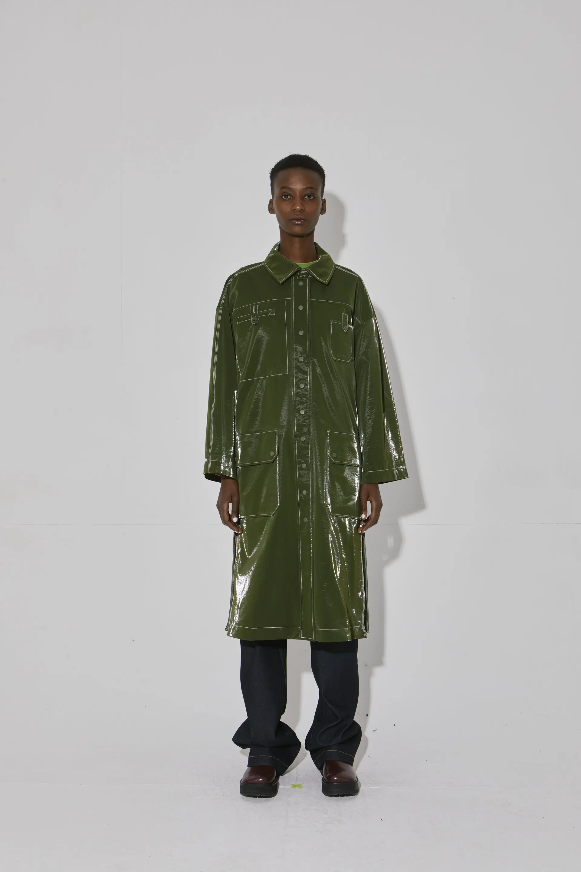 Hanji Leather Stitch Long Coat Khaki