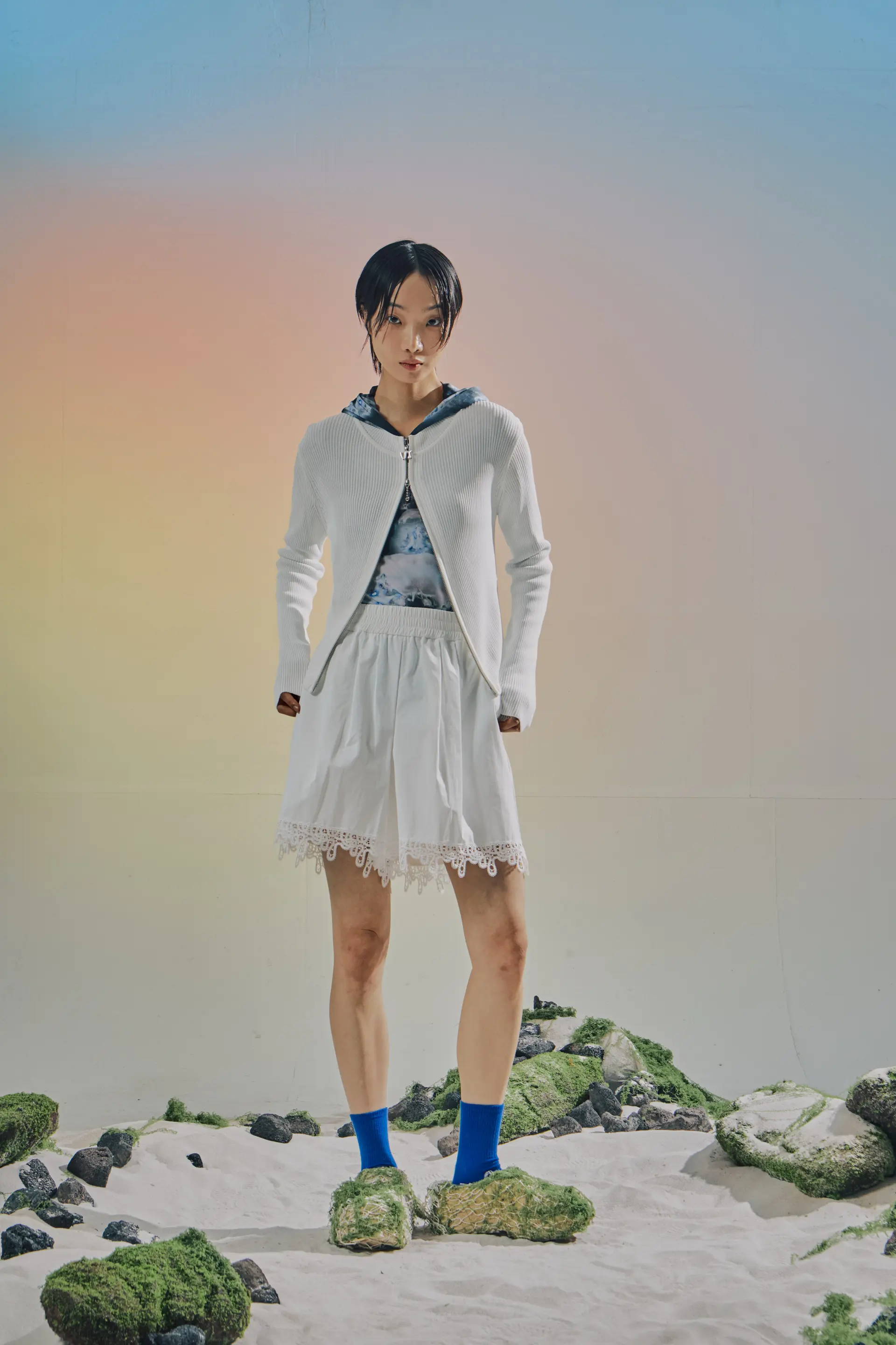 Two-Way Zip-Up Cardigan White