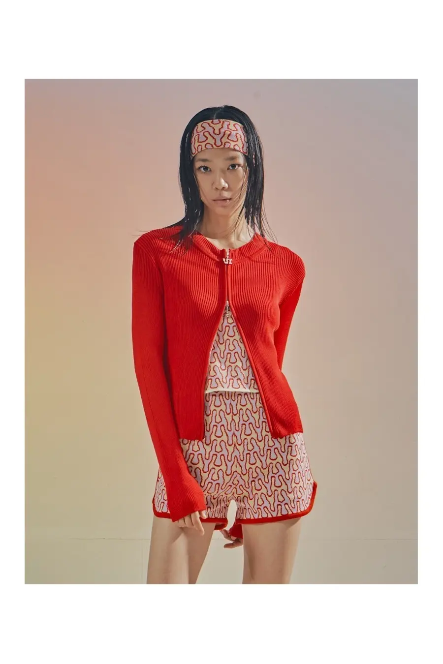 Two-Way Zip-Up Cardigan Red