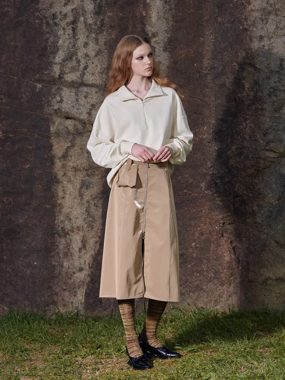 Hanji Leather Zip Skirt Beige