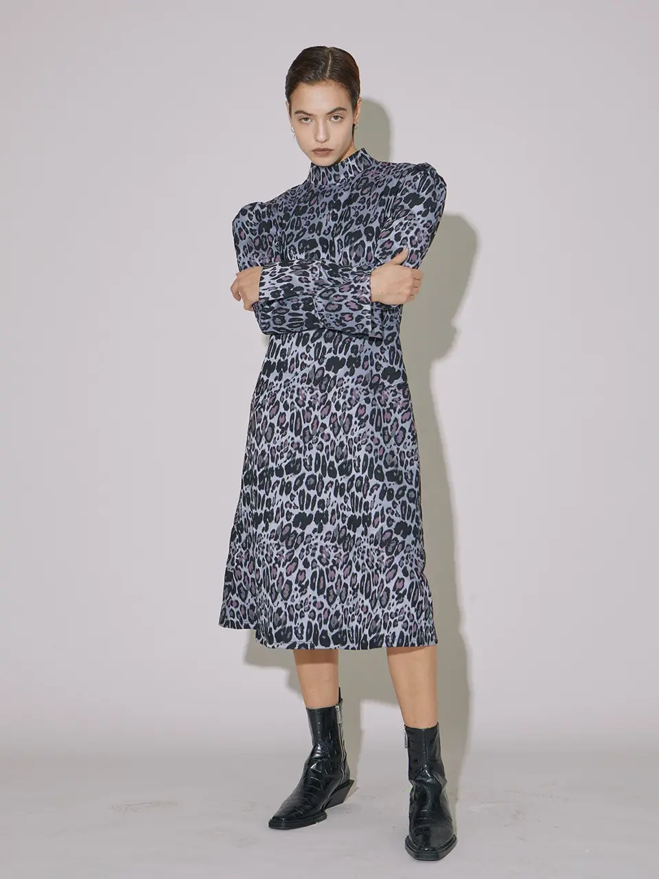Leopard-Print Mock Neck Dress Purple