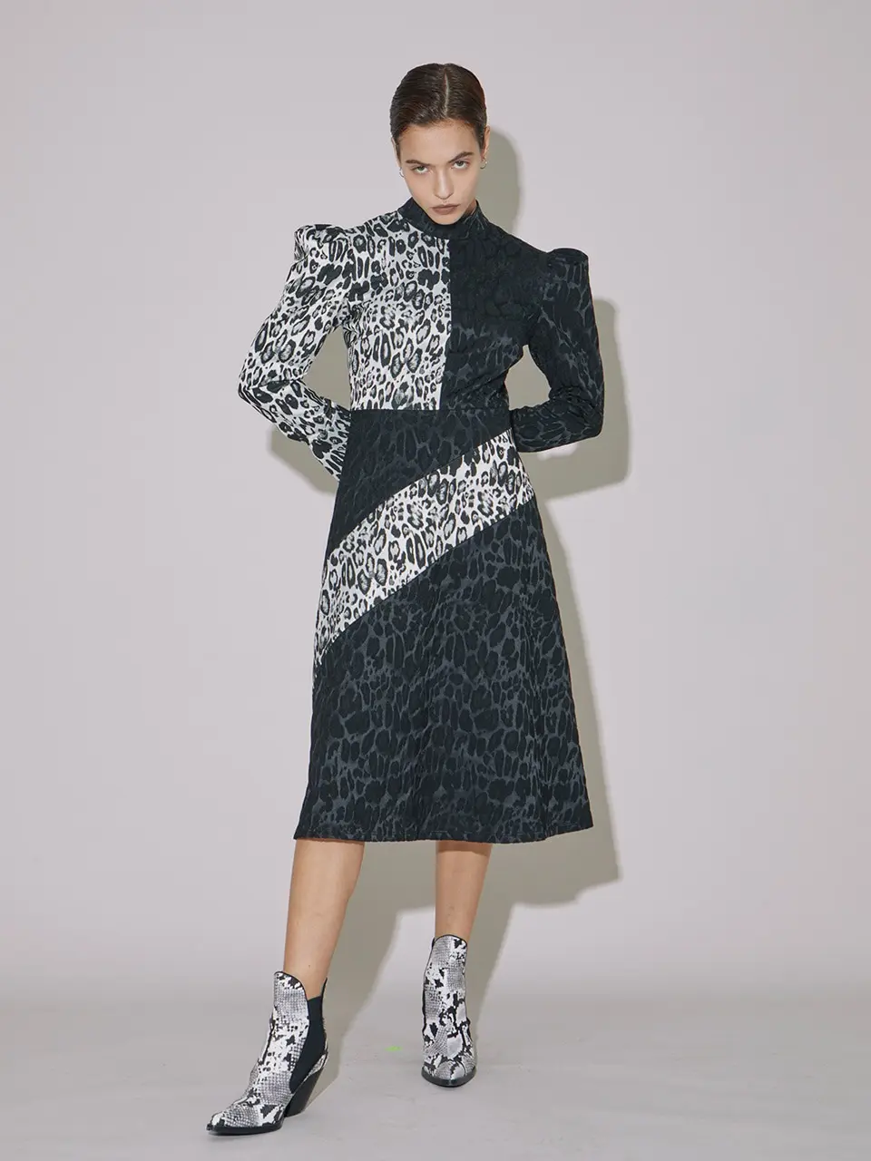 Leopard-Print Mock Neck Dress Black