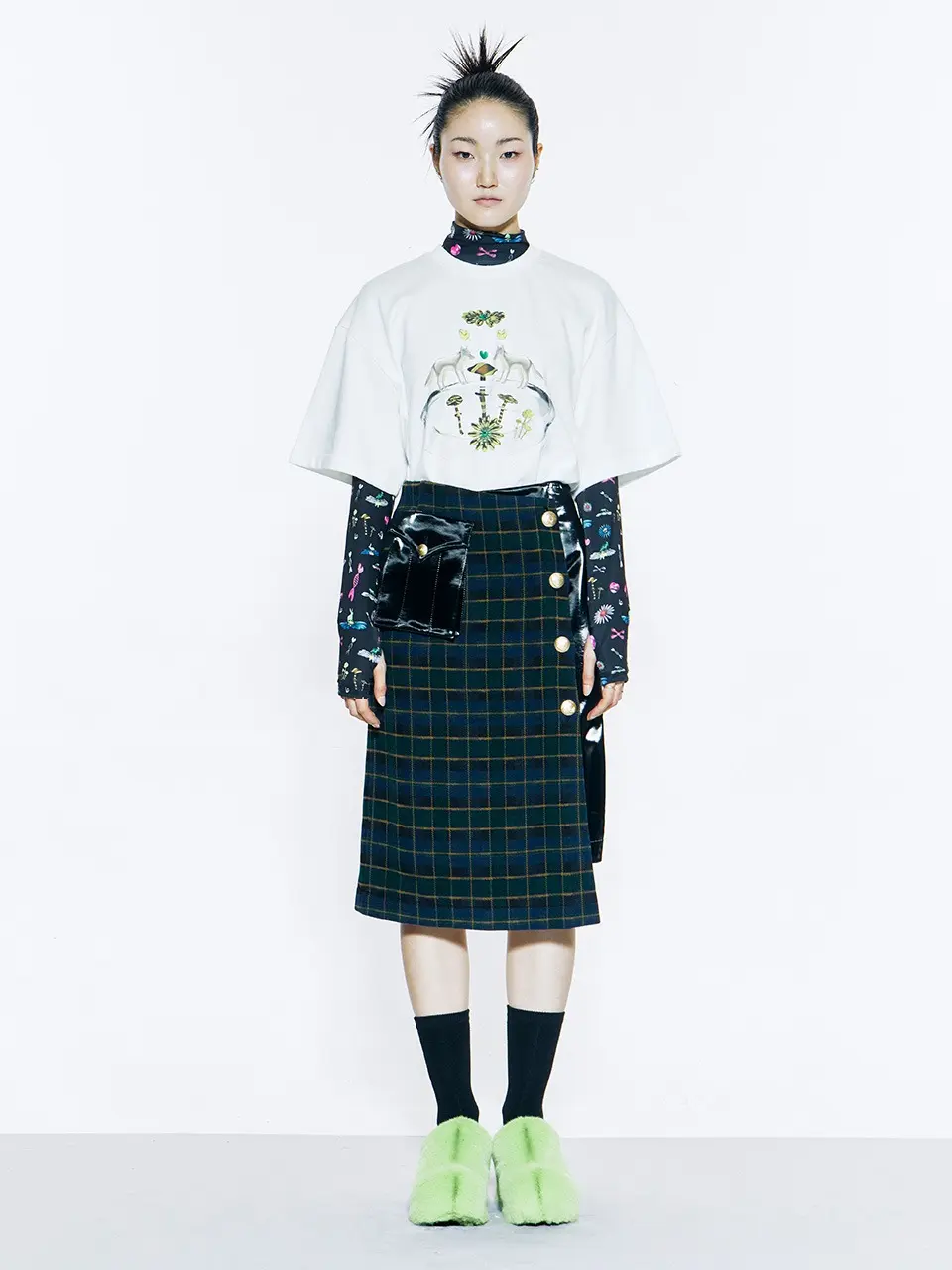 Gold Button Check Midi Skirt Dark Green