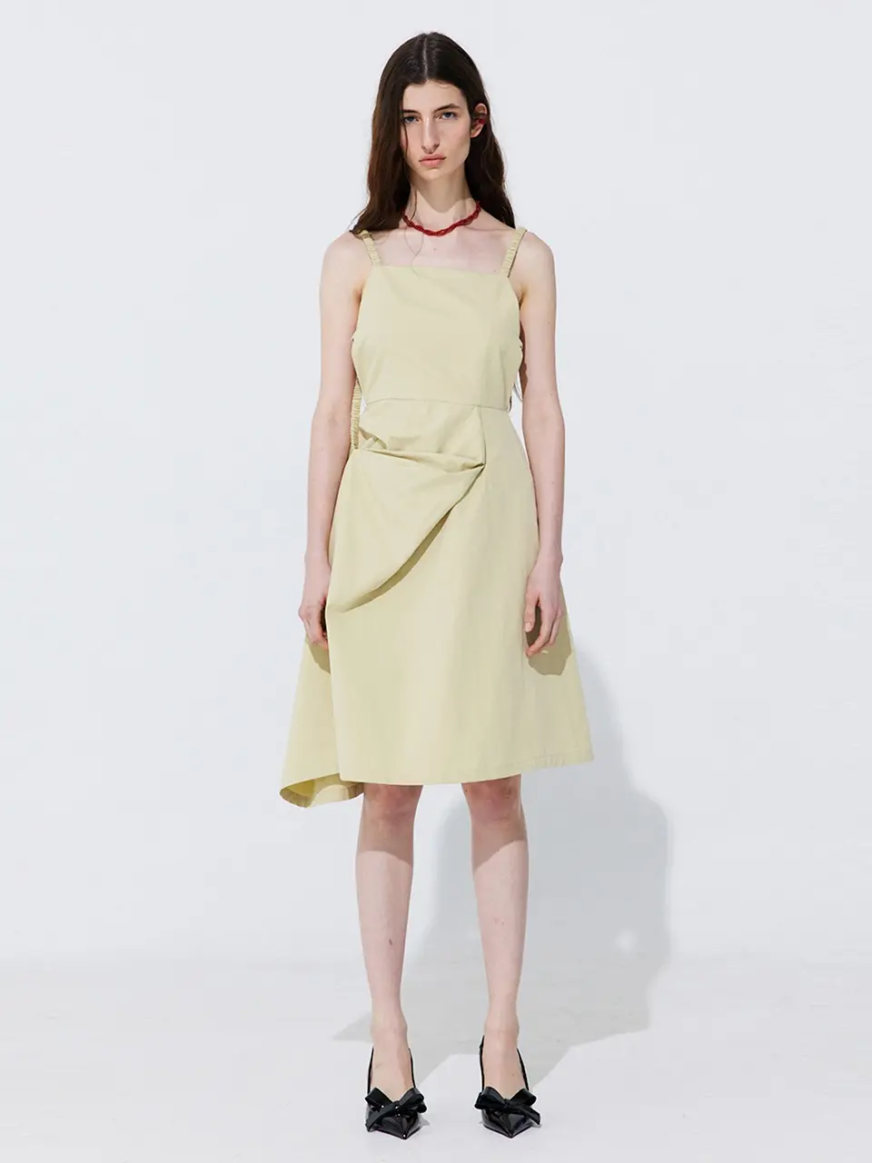 Shirring Back Line Layered Dress — Olive