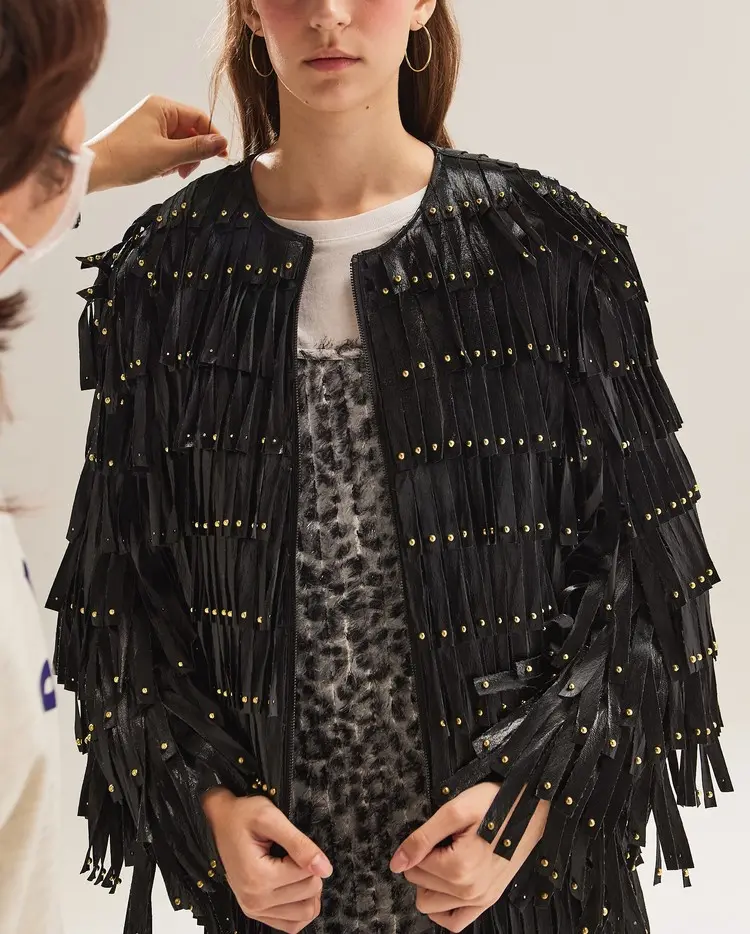 Black Stud-Tasseled Coat