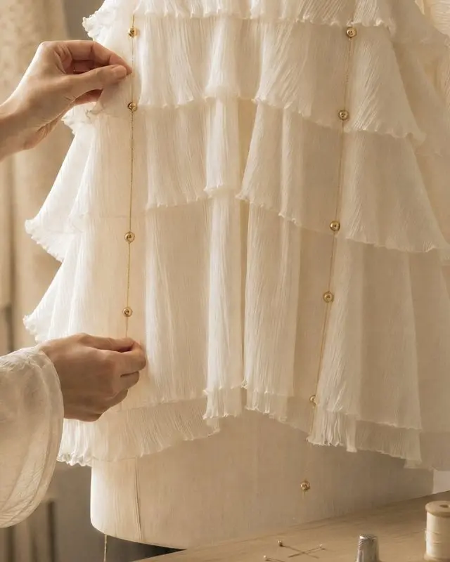 Épinglage d’une robe à volants dans l’atelier