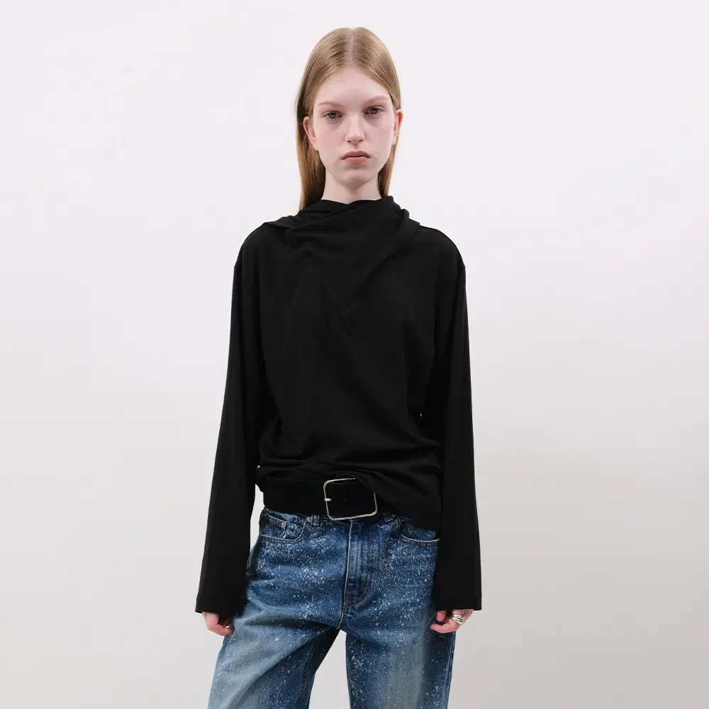 Scarf Neck Long Sleeve Top (Black)
