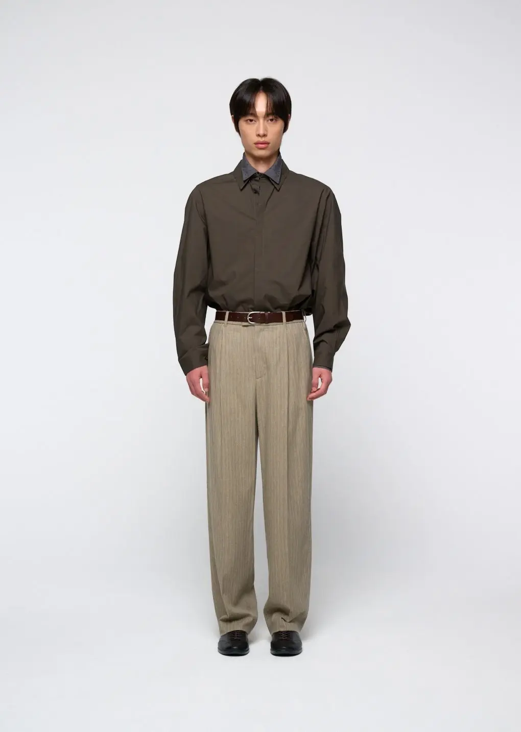 Stripe wool straight pants, Beige