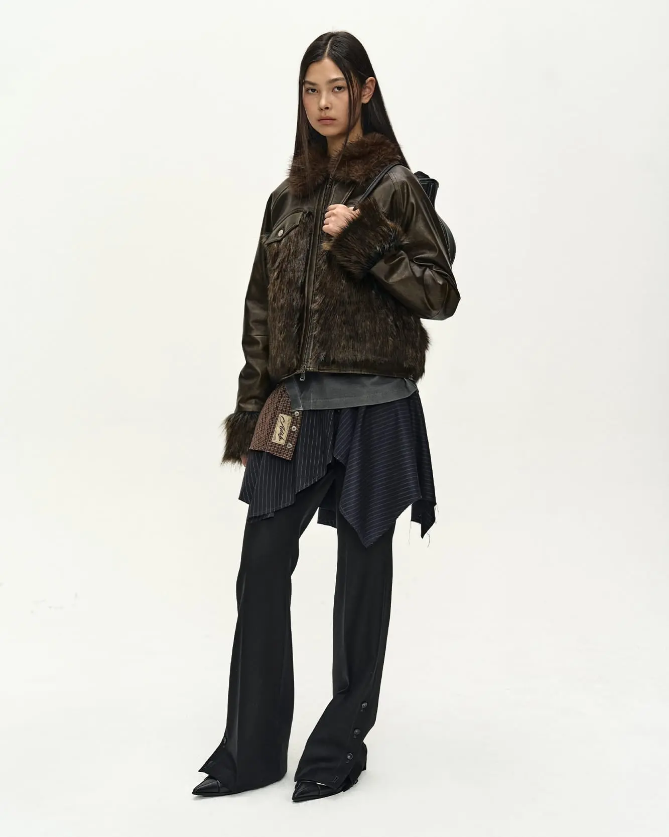Asymmetric Wrap Skirt-Layered Bootcut Trousers (Navy/Black)
