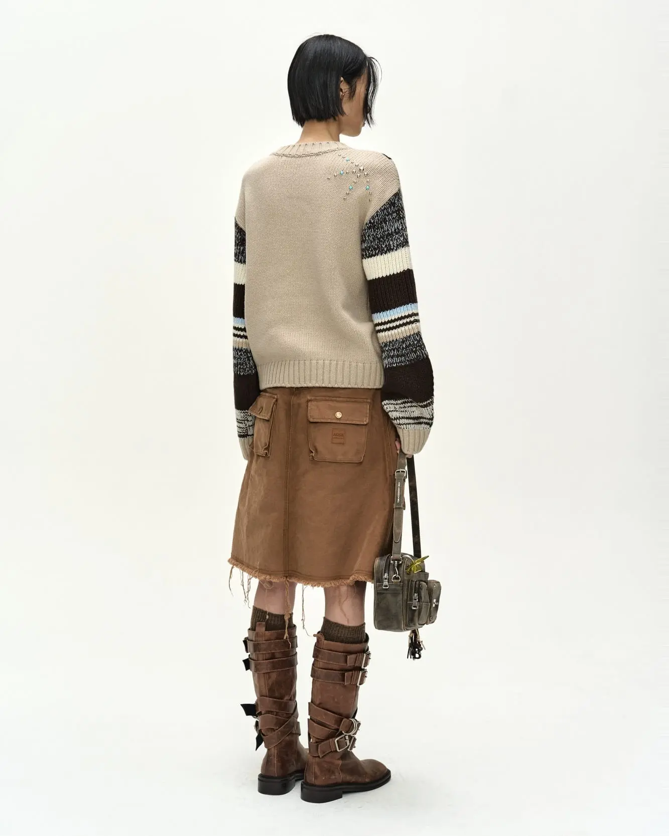 Studded Cable V-Neck Multi-Stripe Pullover (Ecru)