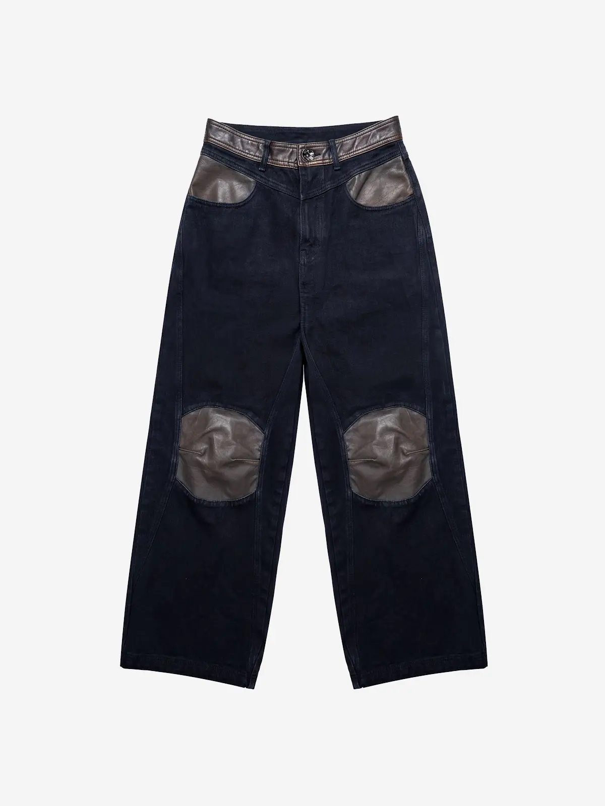 Leather-Trim Knee Point Denim Pants
