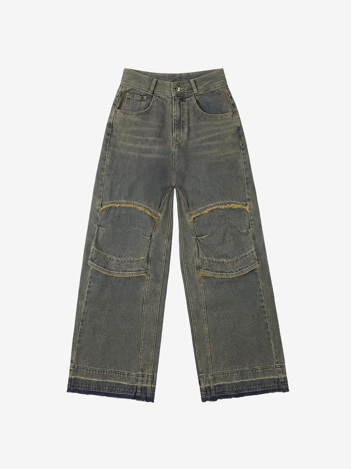 Knee Point Washed Denim Pants Yellow Blue