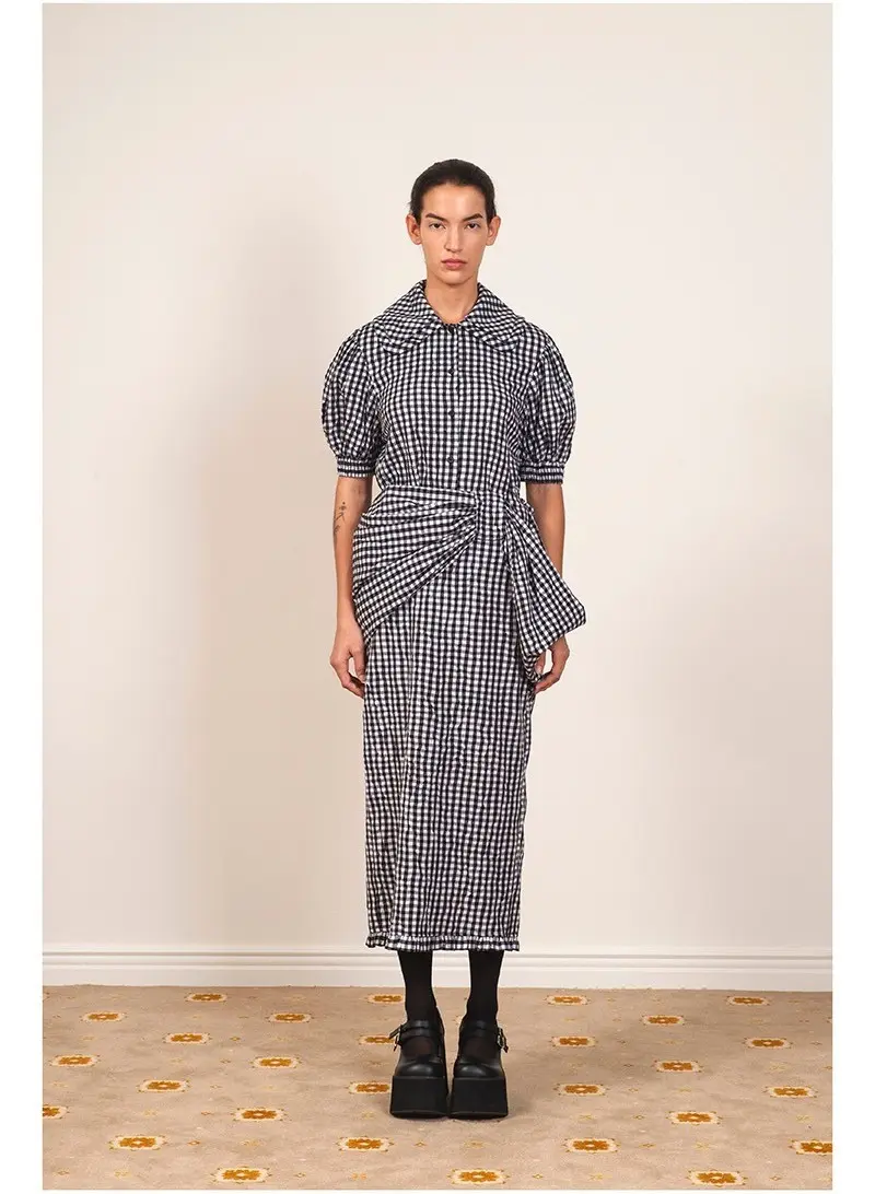 Check Ribbon Drape Skirt Black