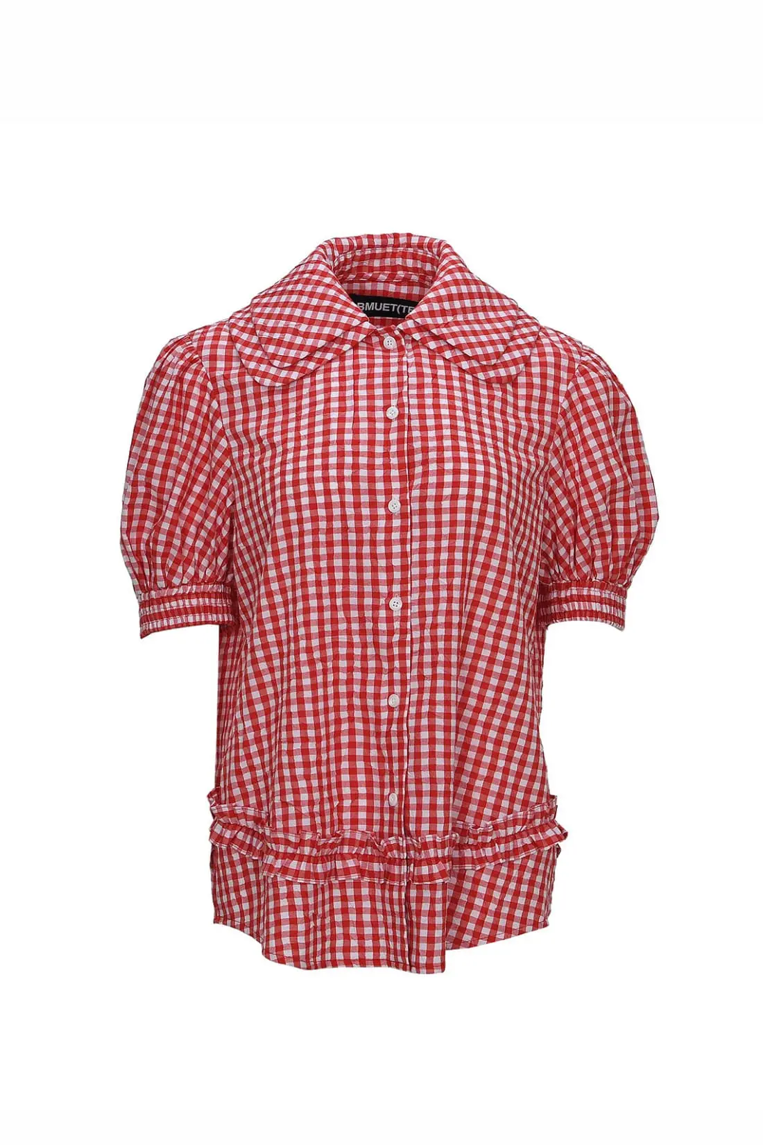 Frill Detail Round Collar Check Shirt Red