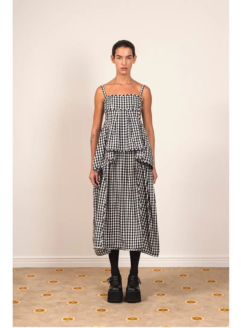 Gingham Check Cutting Line Top Black