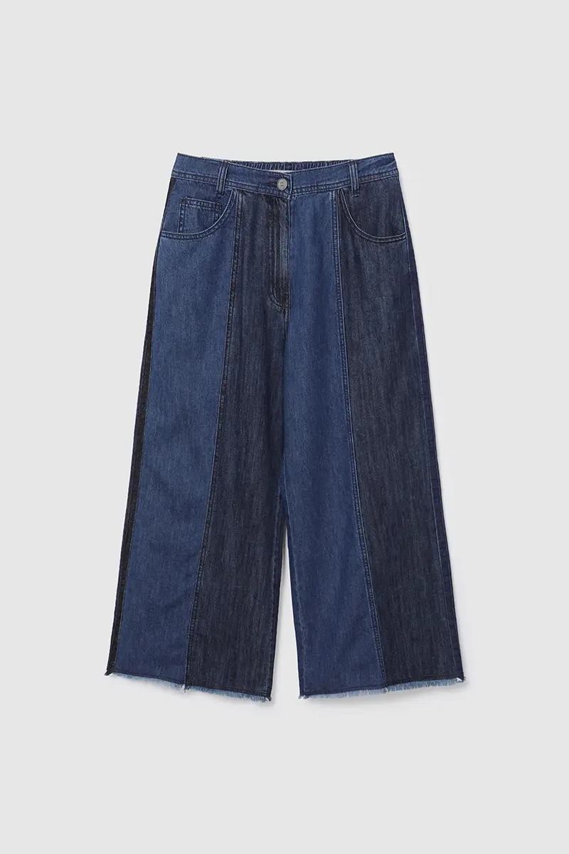 Wide Two-Tone Denim Pants Blue