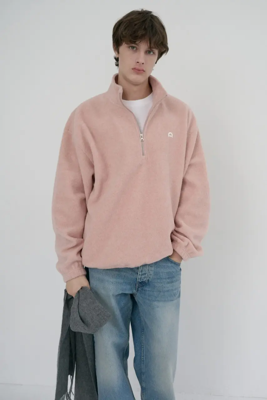Unisex Half Zip-Up Fleece Sweatshirt (Candy Pink)