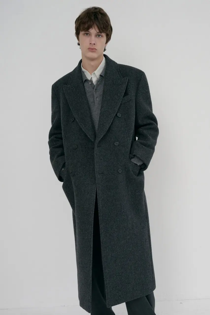 Unisex Tailored Double-Breasted Coat (Charcoal Grey Pattern)