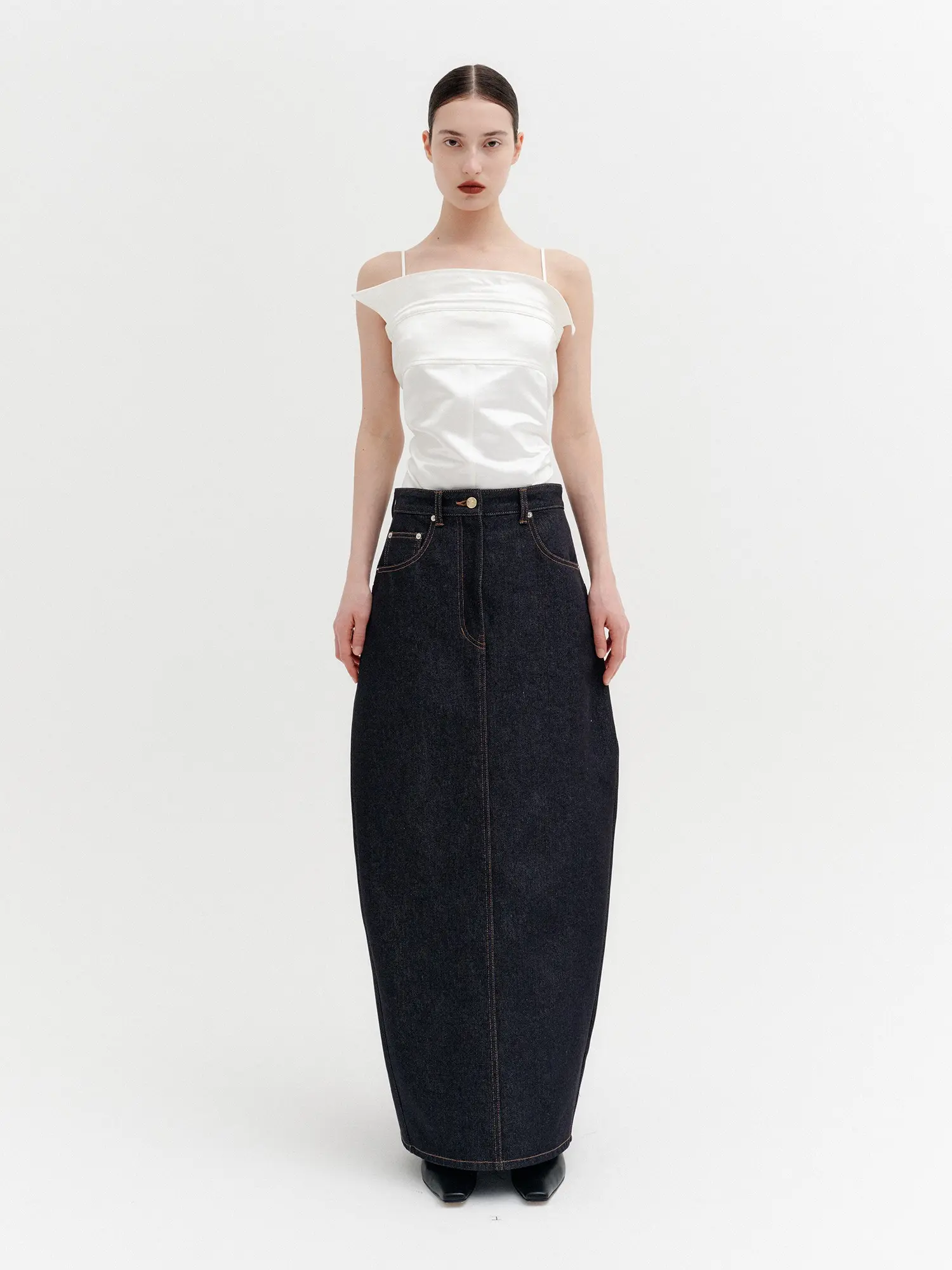 Curve Line Long Denim Skirt - Dark Navy