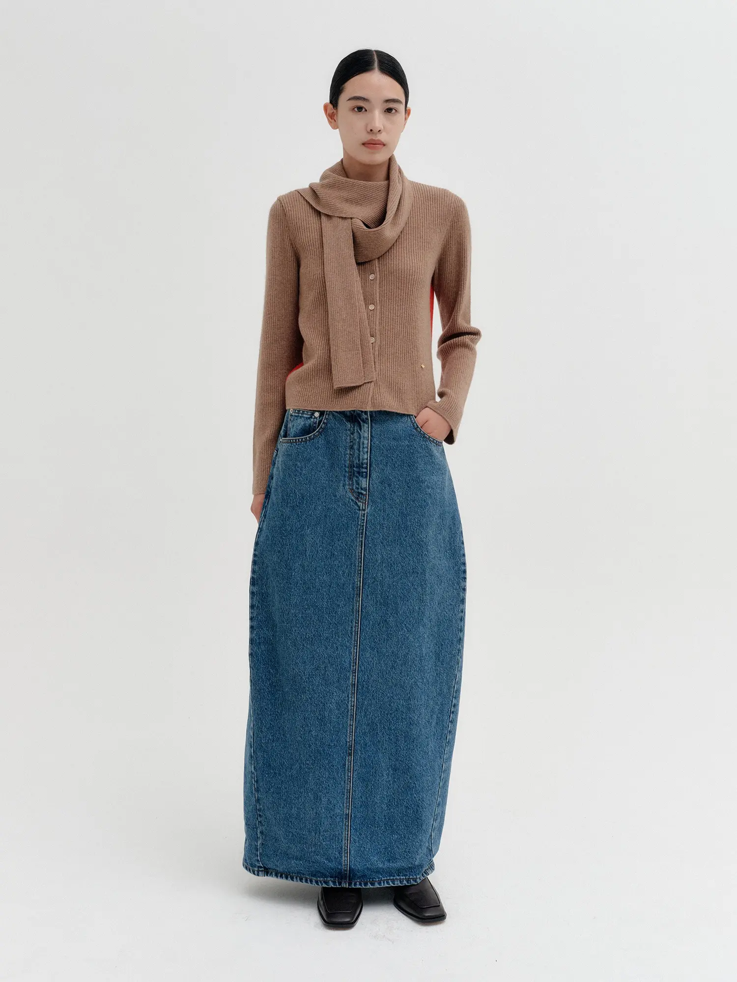 Curve Line Long Denim Skirt - Denim Blue
