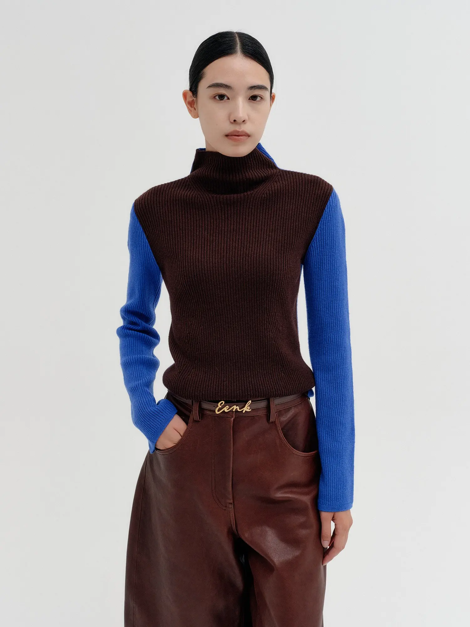 Cashmere Contrast High Neck Knit Top - Blue