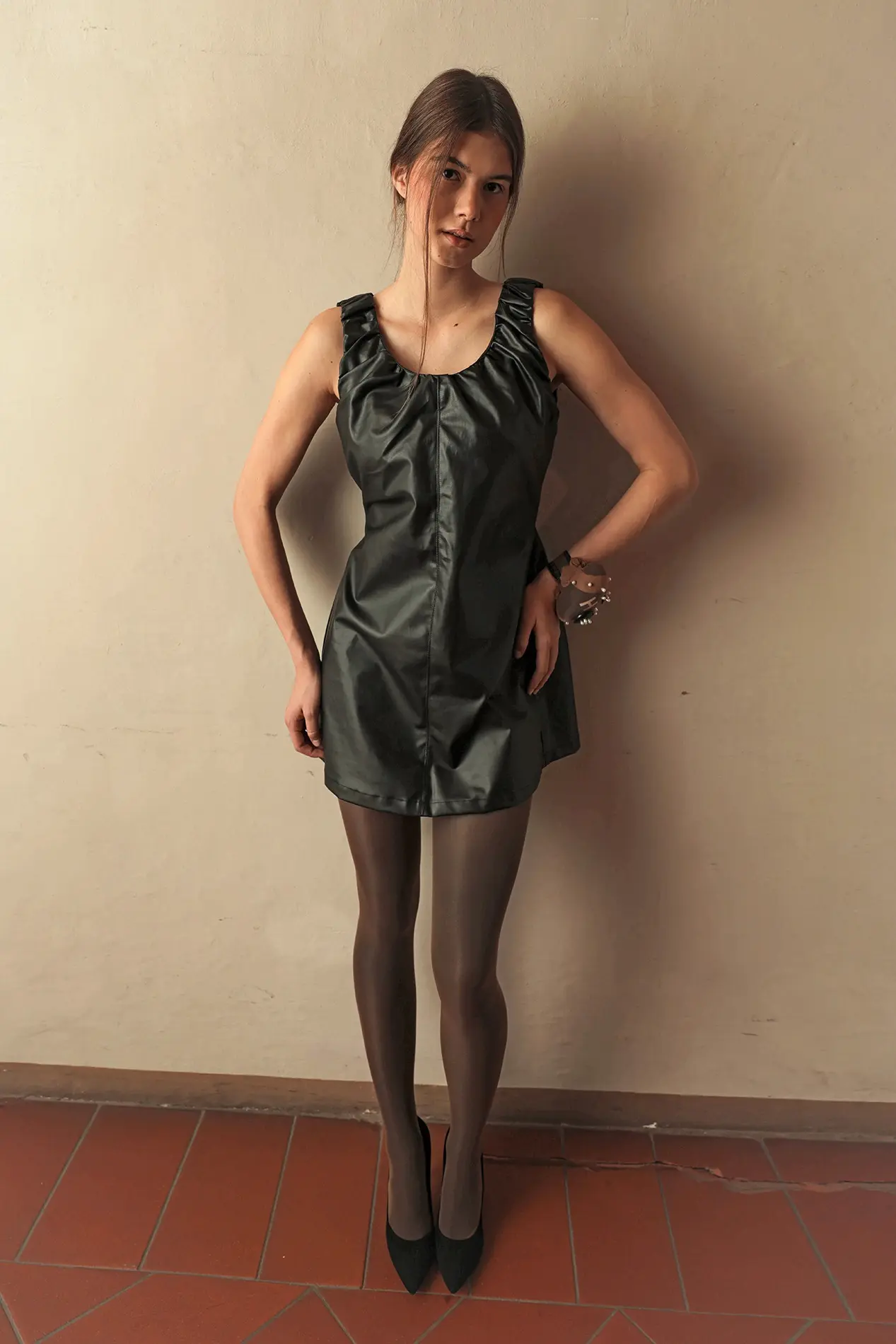 Eco Leather Ruched Mini Dress