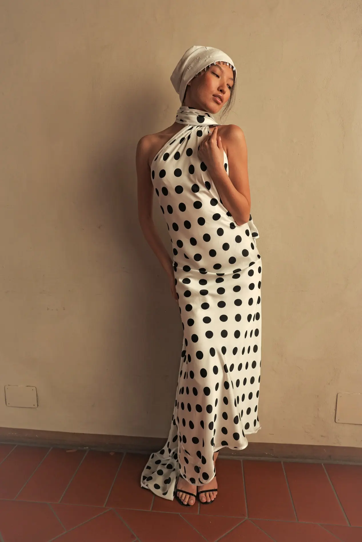 Dot Scarf Draped Dress