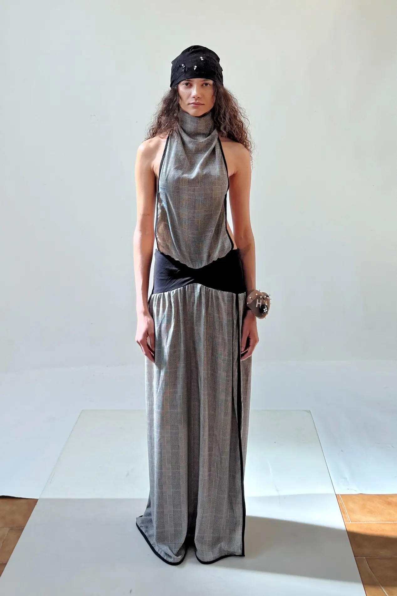 Draped Check Halter Dress