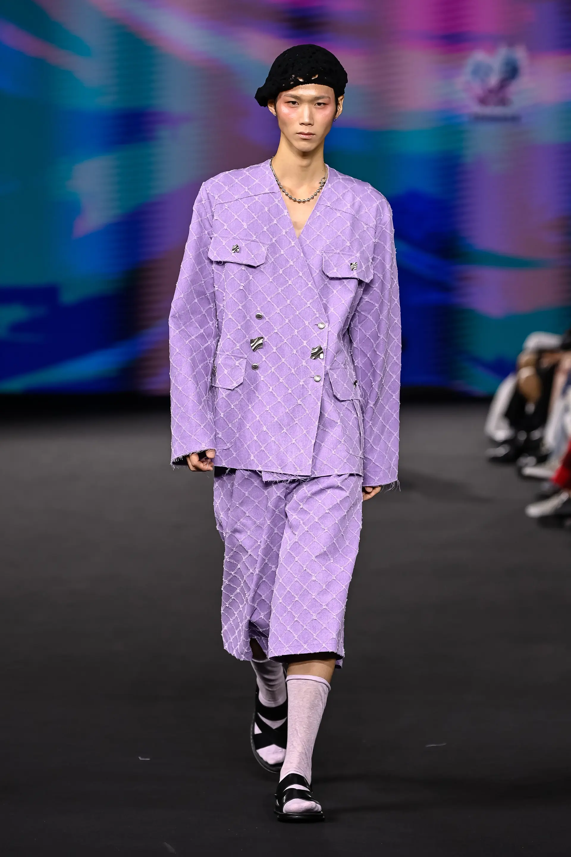 26SS Purple Cross Pattern V-Neck Denim Jacket