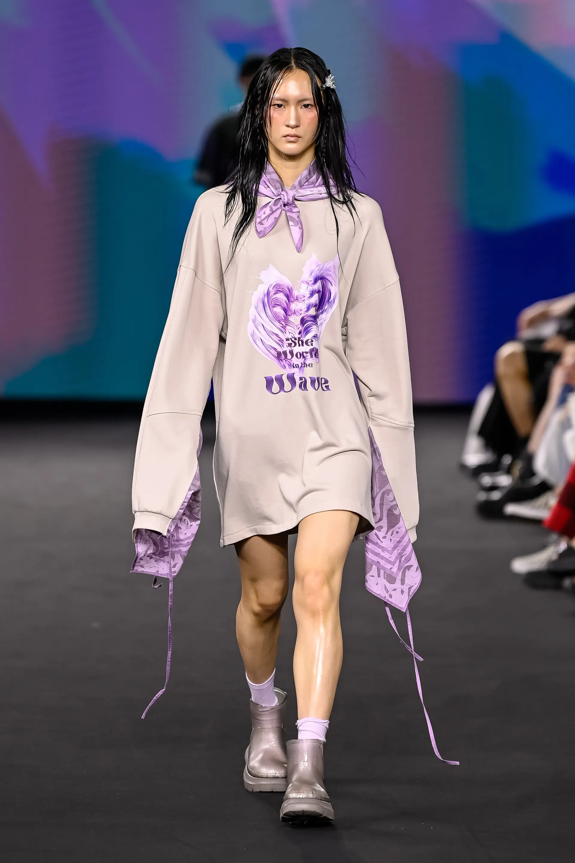 26SS Purple Wave Slit Layered Pink Beige Sweat One-Piece