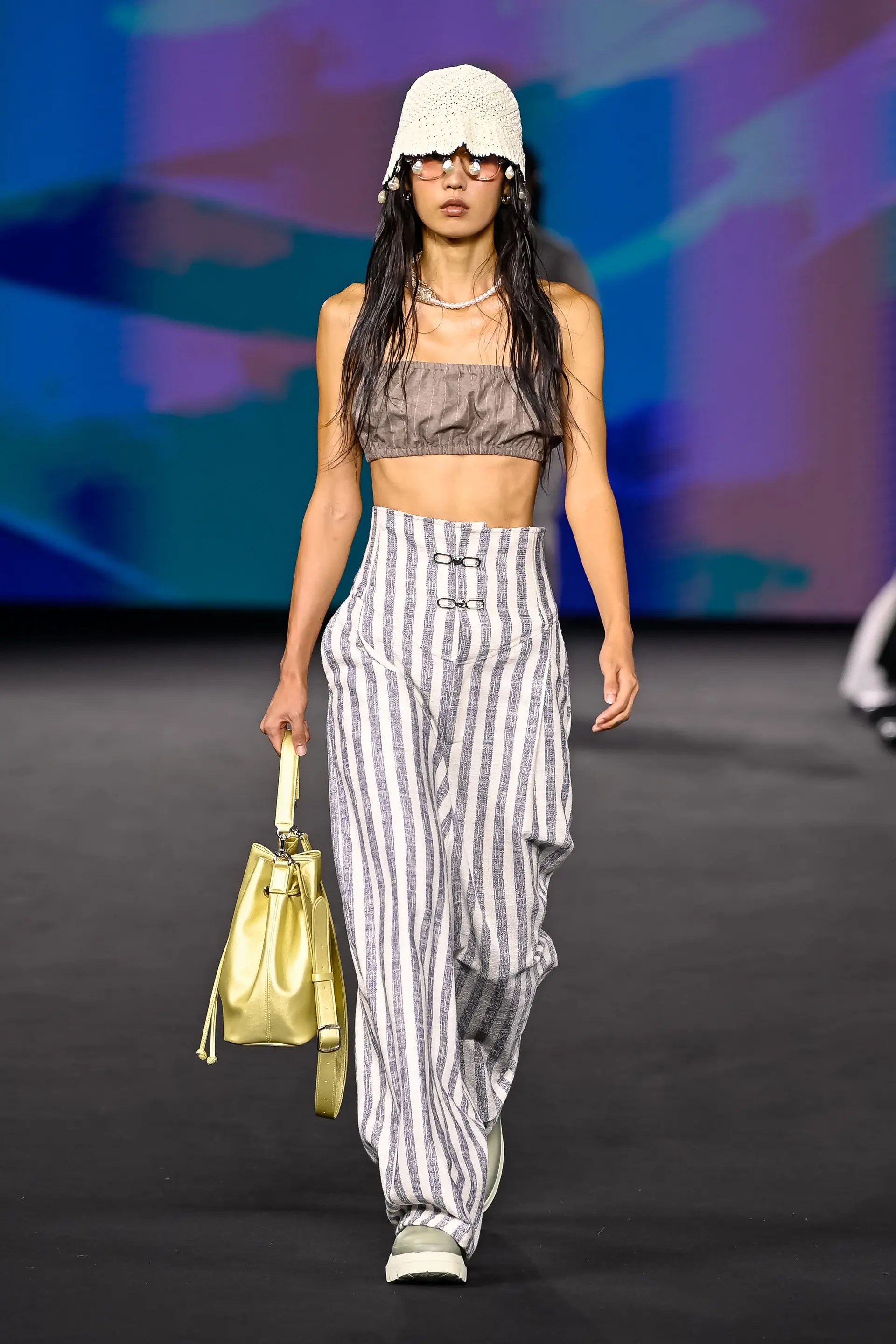 26SS Gray Striped Pattern High Waist Long Pants