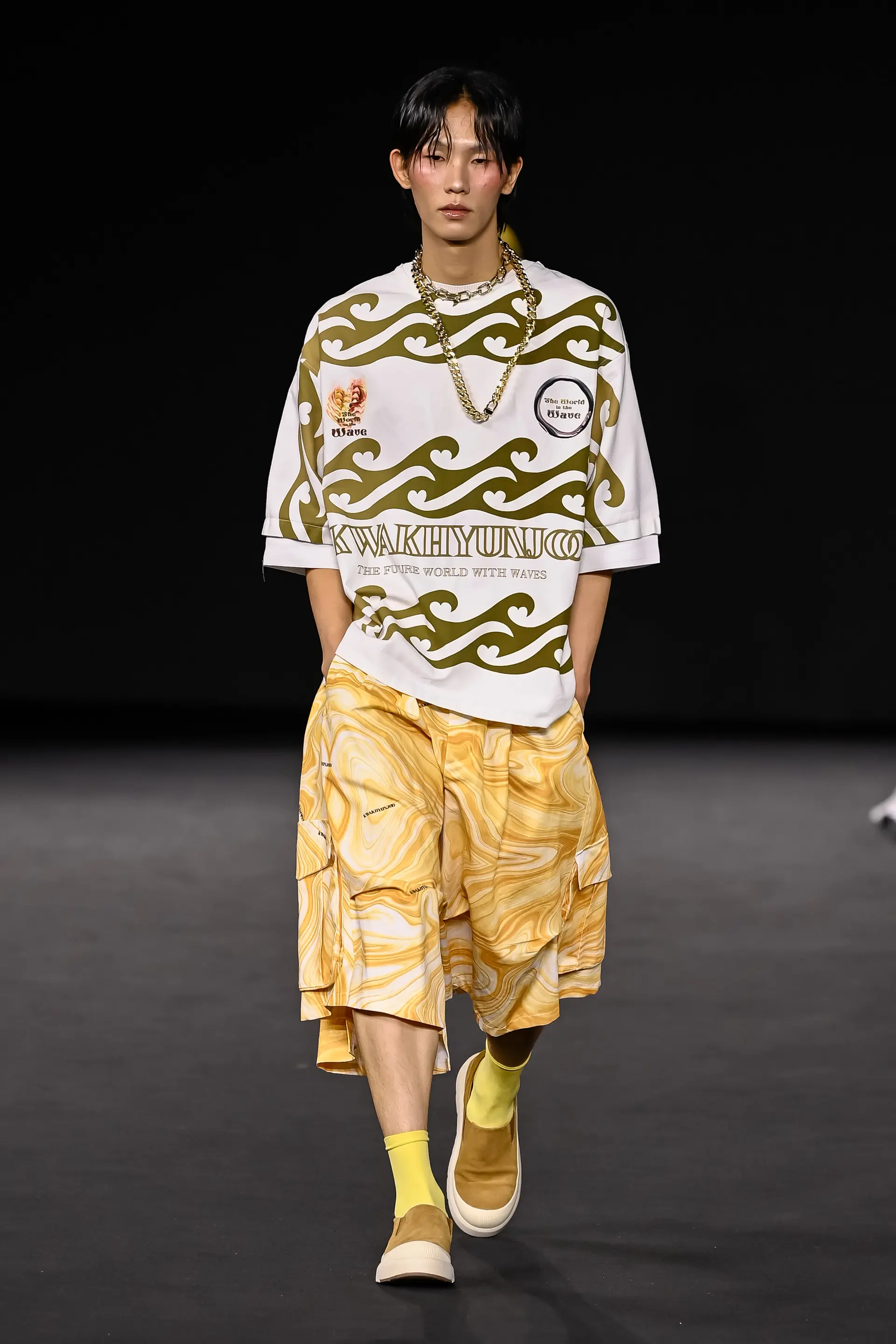 26SS Yellow Wave Printing Crop Pants