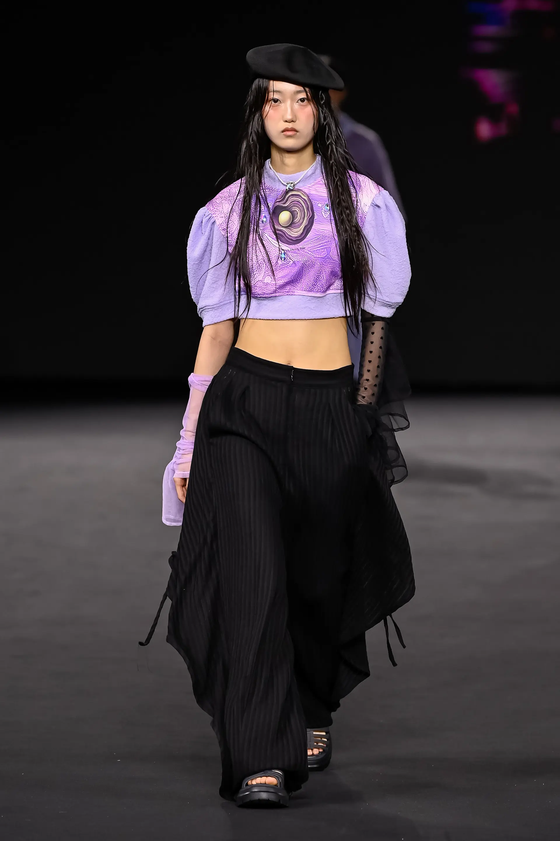 26SS Lavender Wave Printing Puff Sleeve Crop T-Shirt
