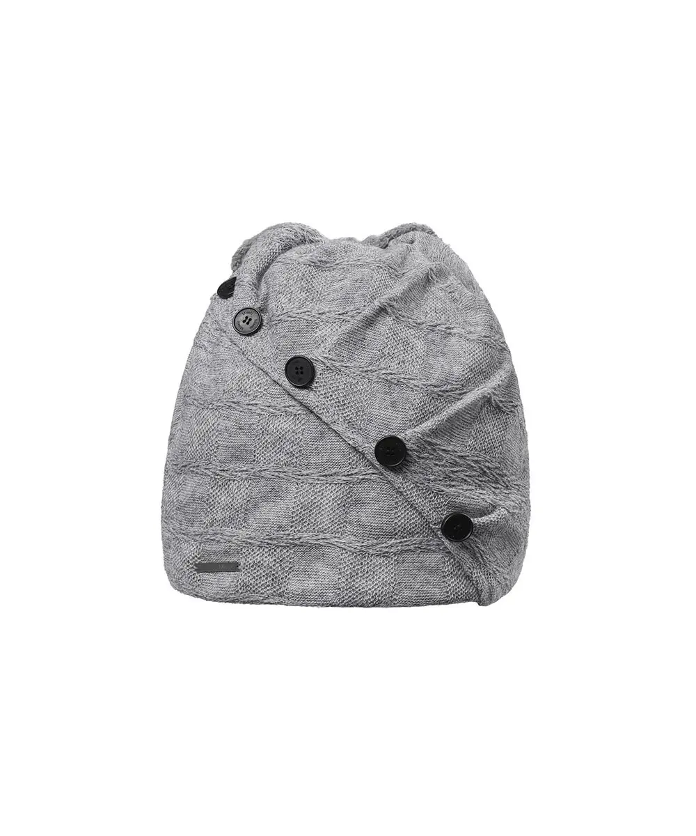 Drawstring Cowl Button Beanie (GREY)
