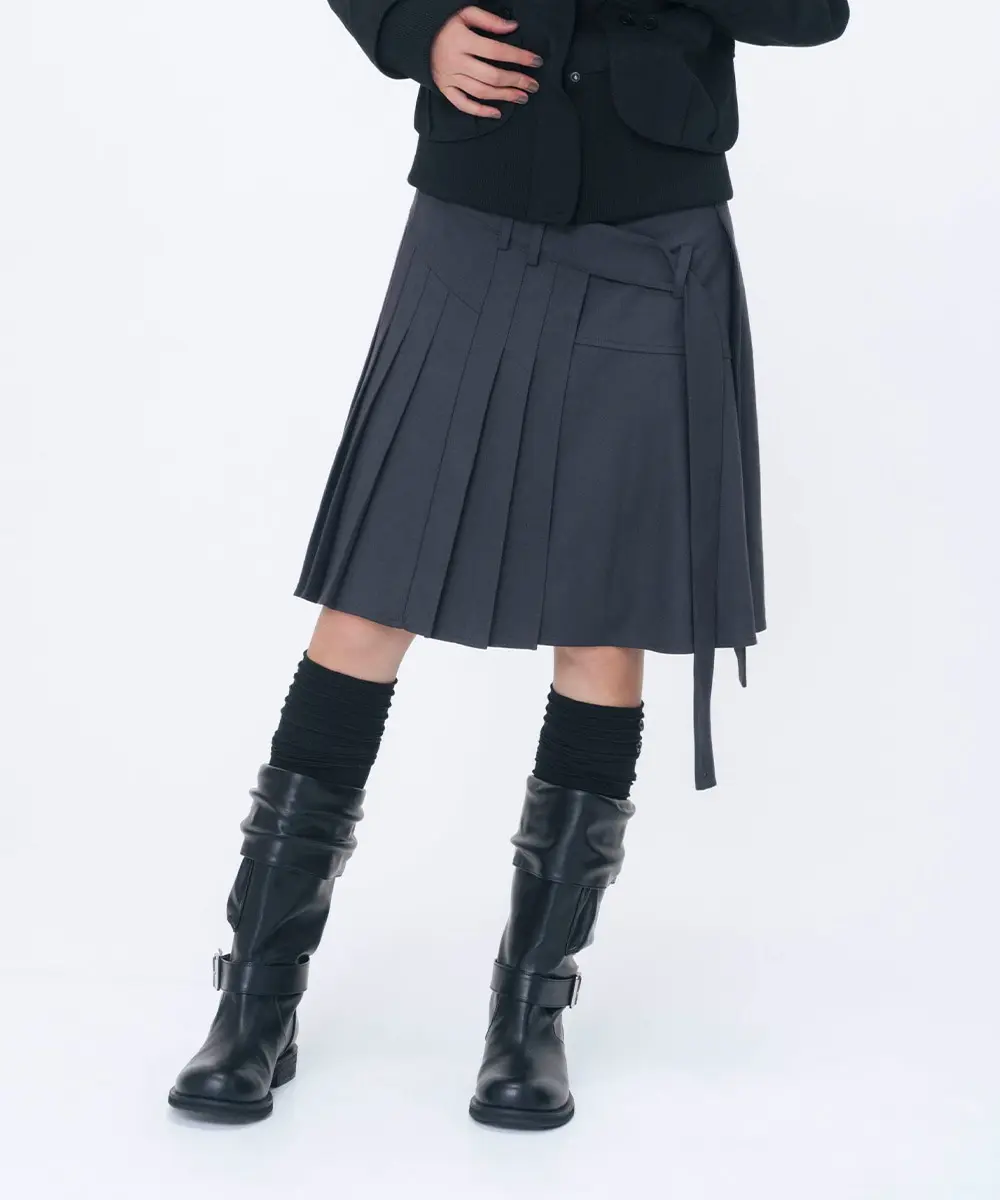 Diagonal Belted Midi Skirt (CHARCOAL)